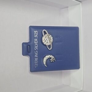 .925 Sparkly Sterling Silver Studs - Planet, Moon, & Star, Brand New Never Worn